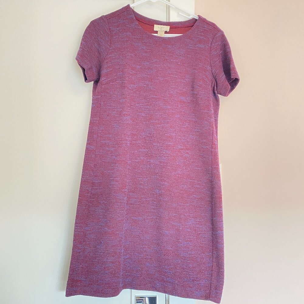 NWT LOFT Short Sleeve Dress Burgundy Purple Tweed Size M Petite